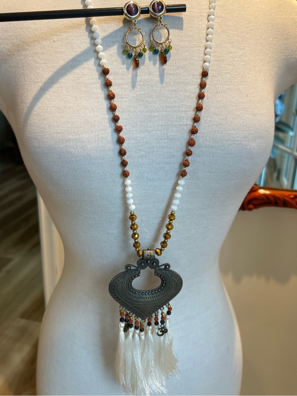 Long Bohemian White Tassel Long Necklace with Antiqued Pendant